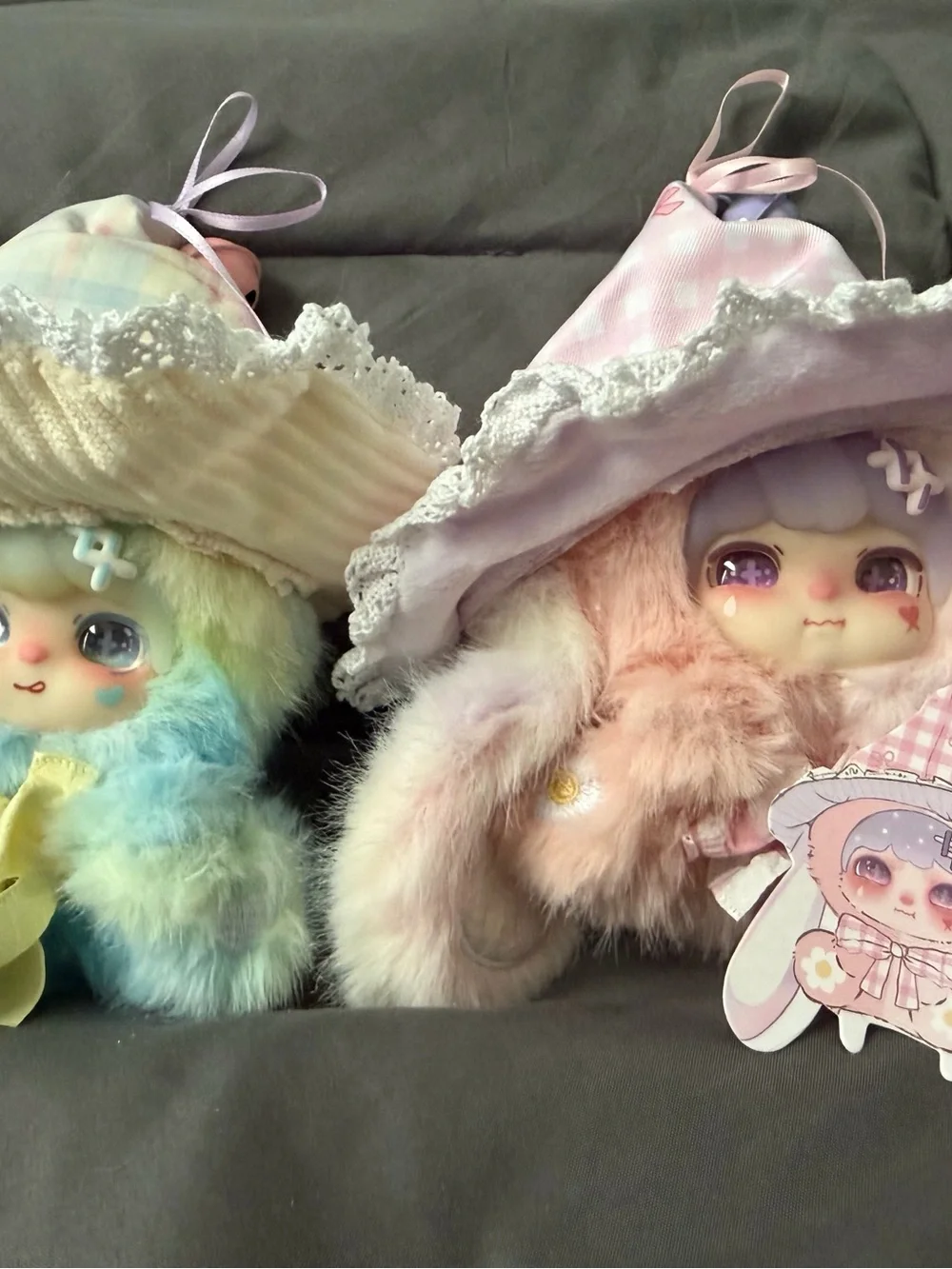 Plush Bunny Hat Keychain - Pink and Pastel Blue Cute Character
